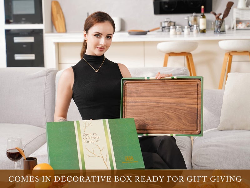 AZRHOM Walnut Wood Cutting Board, 17x11in Large Wooden Chopping Boards with Deep Juice Groove and Side Handle, Thick Butcher Block for Kitchen Meat Cheese Gift for Wife Mom (Gift Box) - Image 3
